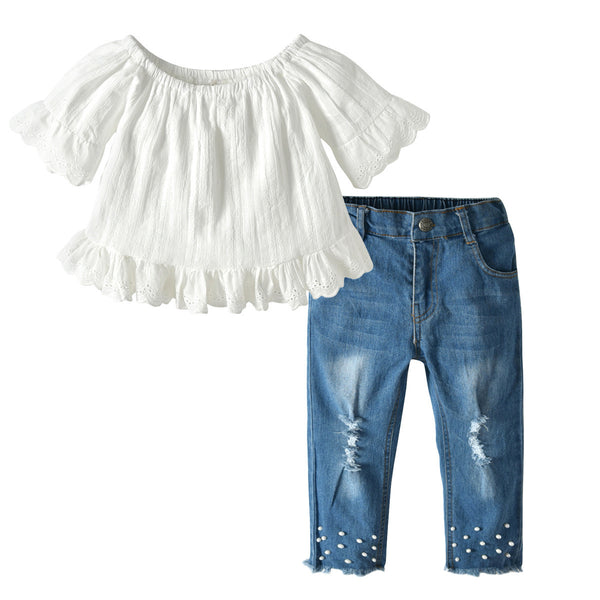 Girls Lace & Pearl Jeans Set - Shoperky