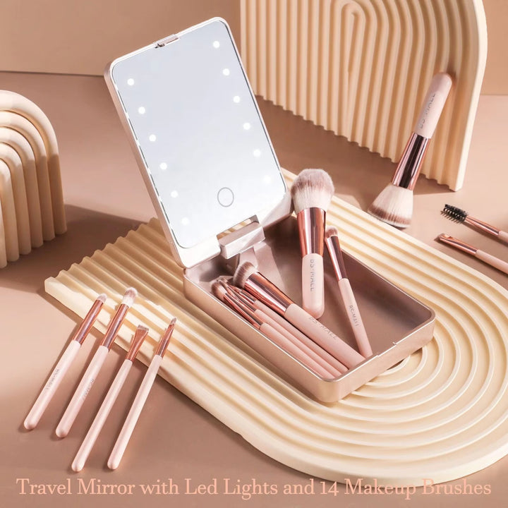 Travel Makeup Brush Set with LED Light Mirror - Shoperky