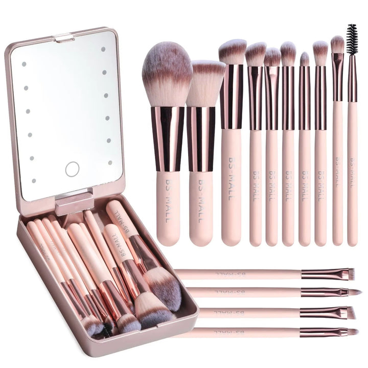 Travel Makeup Brush Set with LED Light Mirror - Shoperky