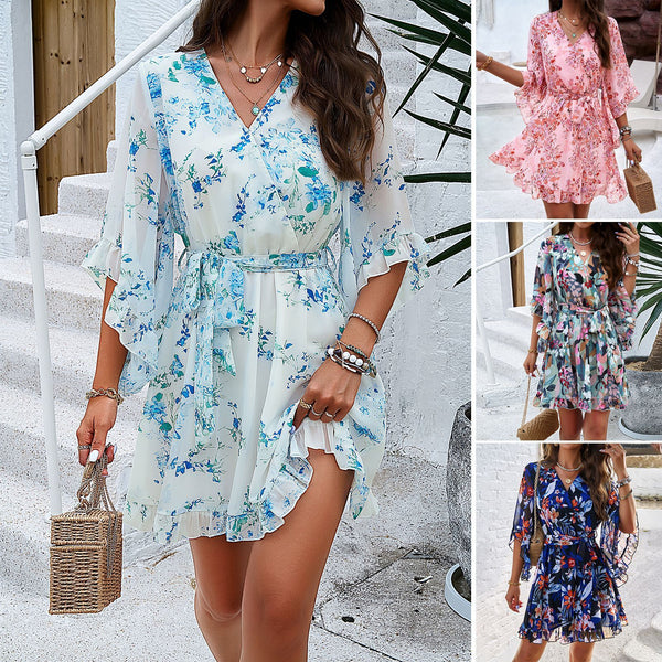 Summer Floral Print Short Sleeve Dress - Shoperky