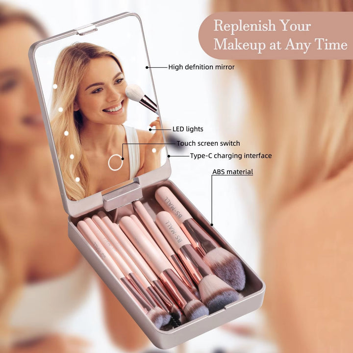 Travel Makeup Brush Set with LED Light Mirror - Shoperky